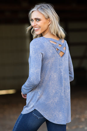 Dusty Blue Acid Wash Long Sleeve Top - Filly Flair