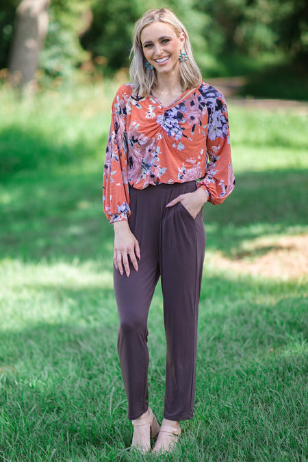 Rust Multicolor Floral Shirred Bodice Top - Filly Flair