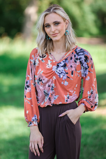 Rust Multicolor Floral Shirred Bodice Top - Filly Flair