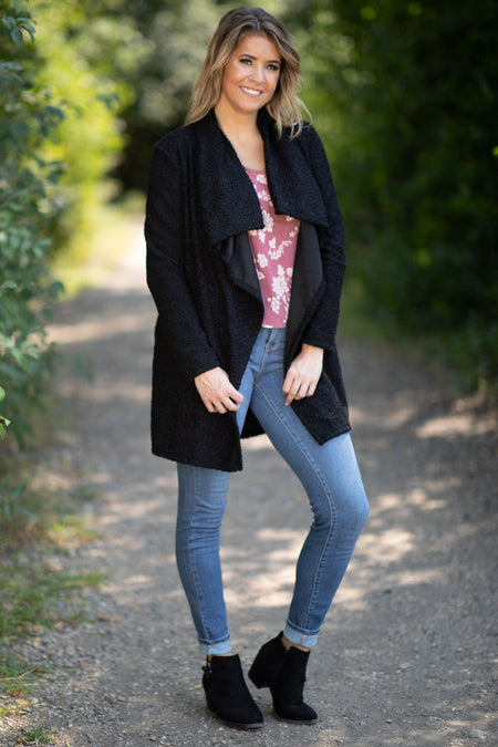 Black Sherpa Waterfall Collar Cardigan - Filly Flair