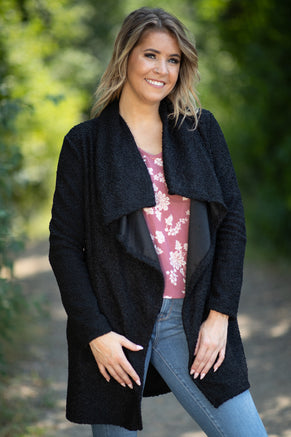 Black Sherpa Waterfall Collar Cardigan - Filly Flair