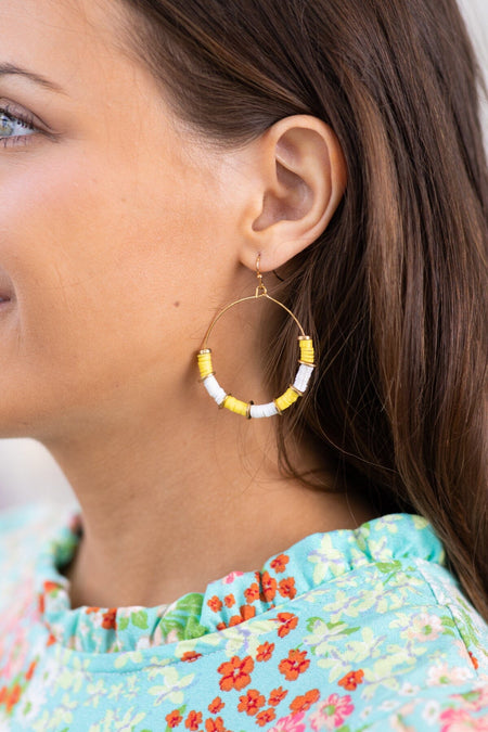 Yellow and White Disc Bead Hoop Earrings - Filly Flair