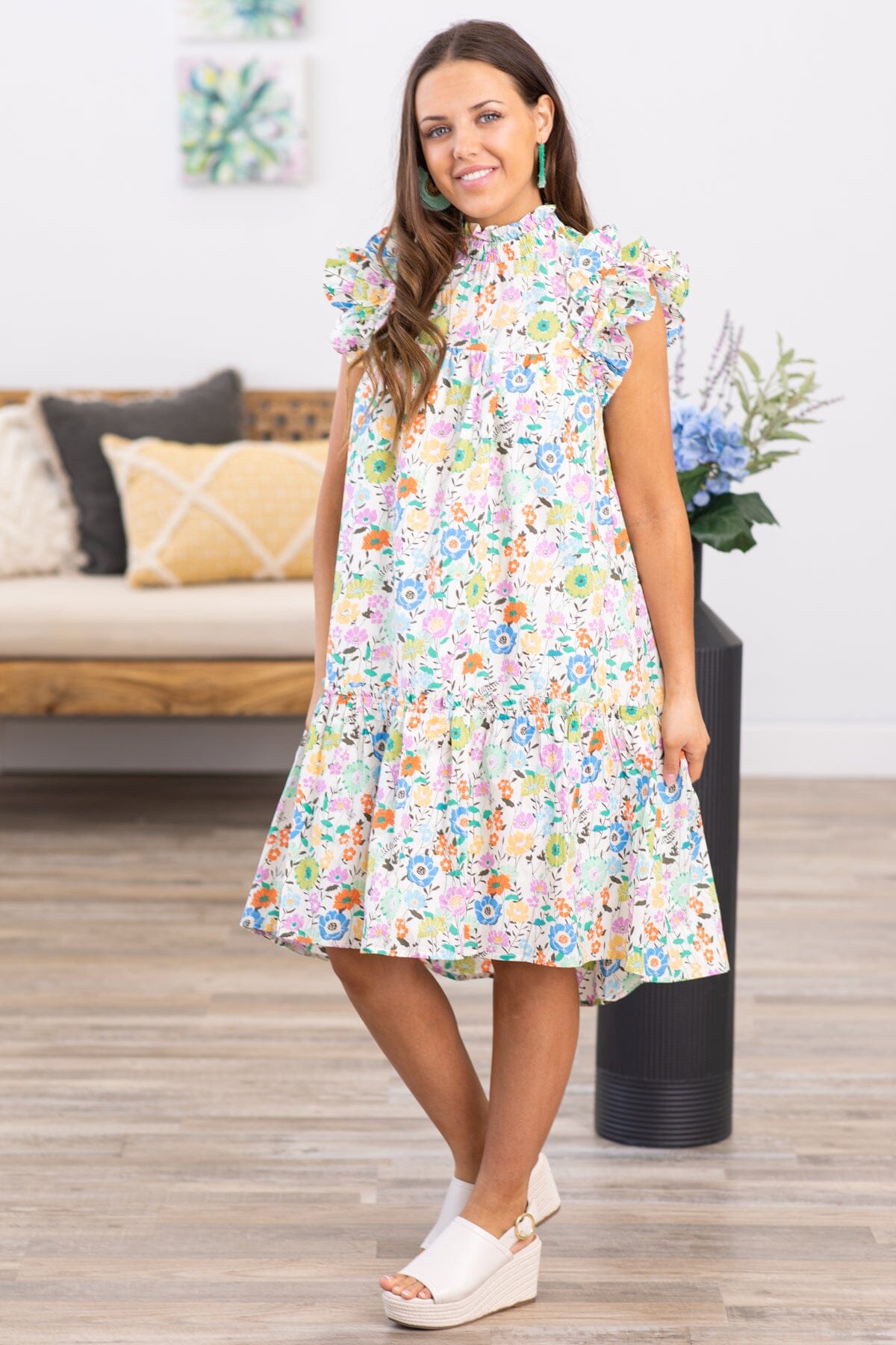 Ivory Multicolor Floral Print Dress - Filly Flair