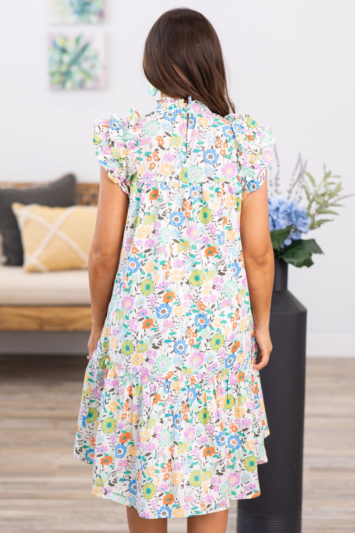 Ivory Multicolor Floral Print Dress - Filly Flair