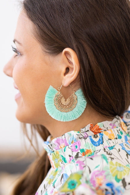 Mint and Gold Round Fan Tassel Earrings - Filly Flair