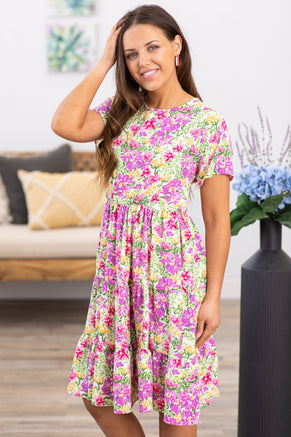 Pink Multicolor Floral Short Sleeve Dress - Filly Flair