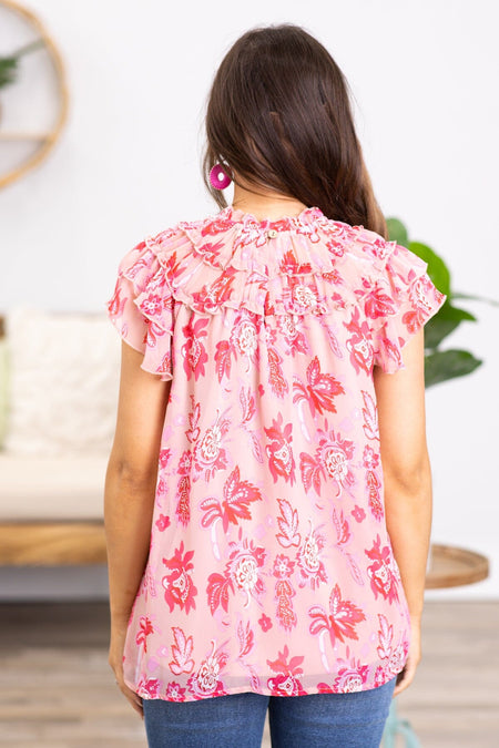 Blush and Pink Floral Ruffle Sleeve Top - Filly Flair