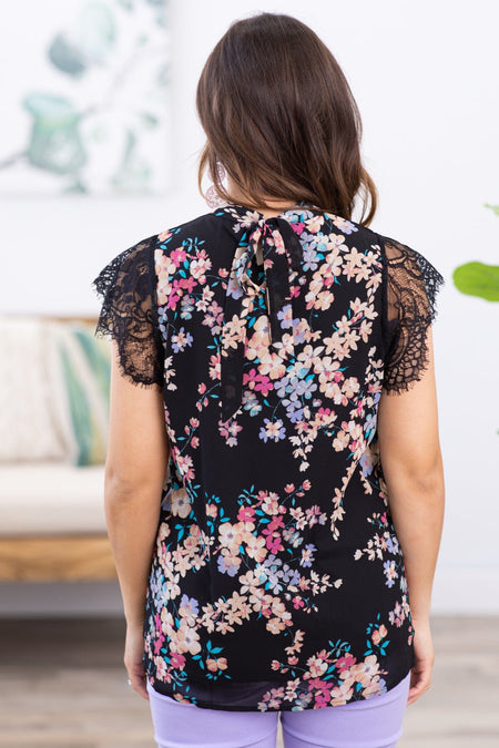 Black Multicolor Floral Top With Lace Trim - Filly Flair