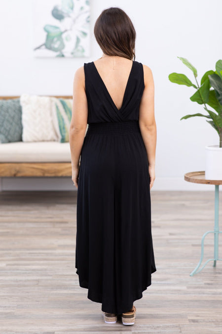 Black Surplice Front Smocked Waist Jumpsuit - Filly Flair