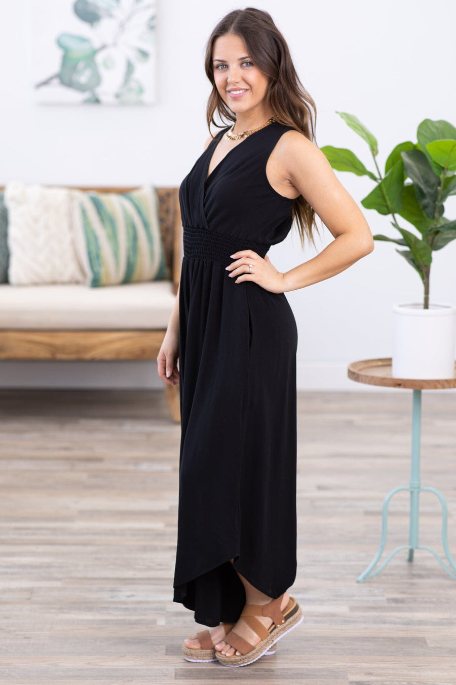 Black Surplice Front Smocked Waist Jumpsuit - Filly Flair