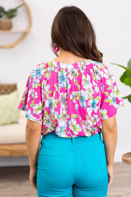 Hot Pink and Aqua Floral Print Top - Filly Flair