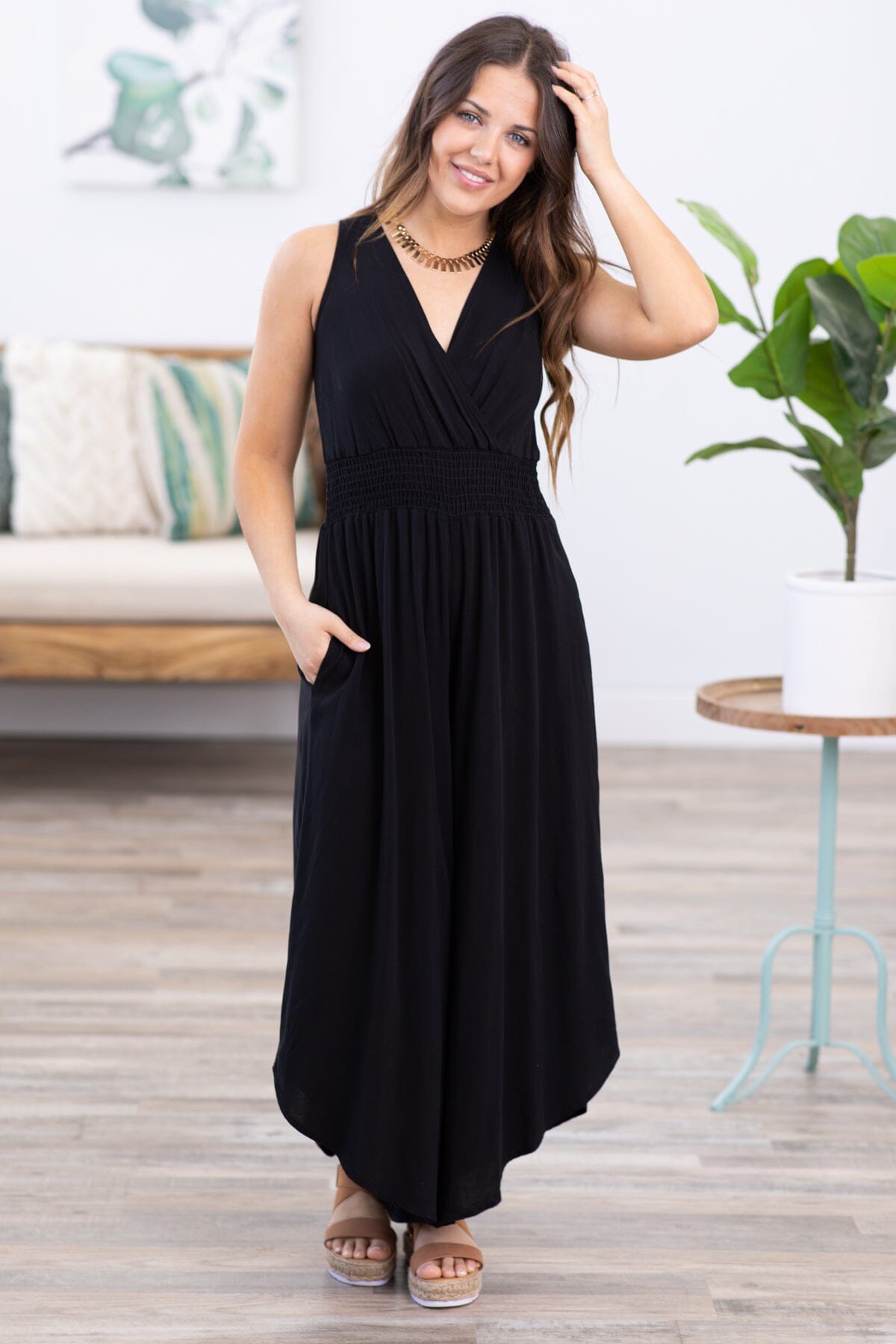 Black Surplice Front Smocked Waist Jumpsuit - Filly Flair