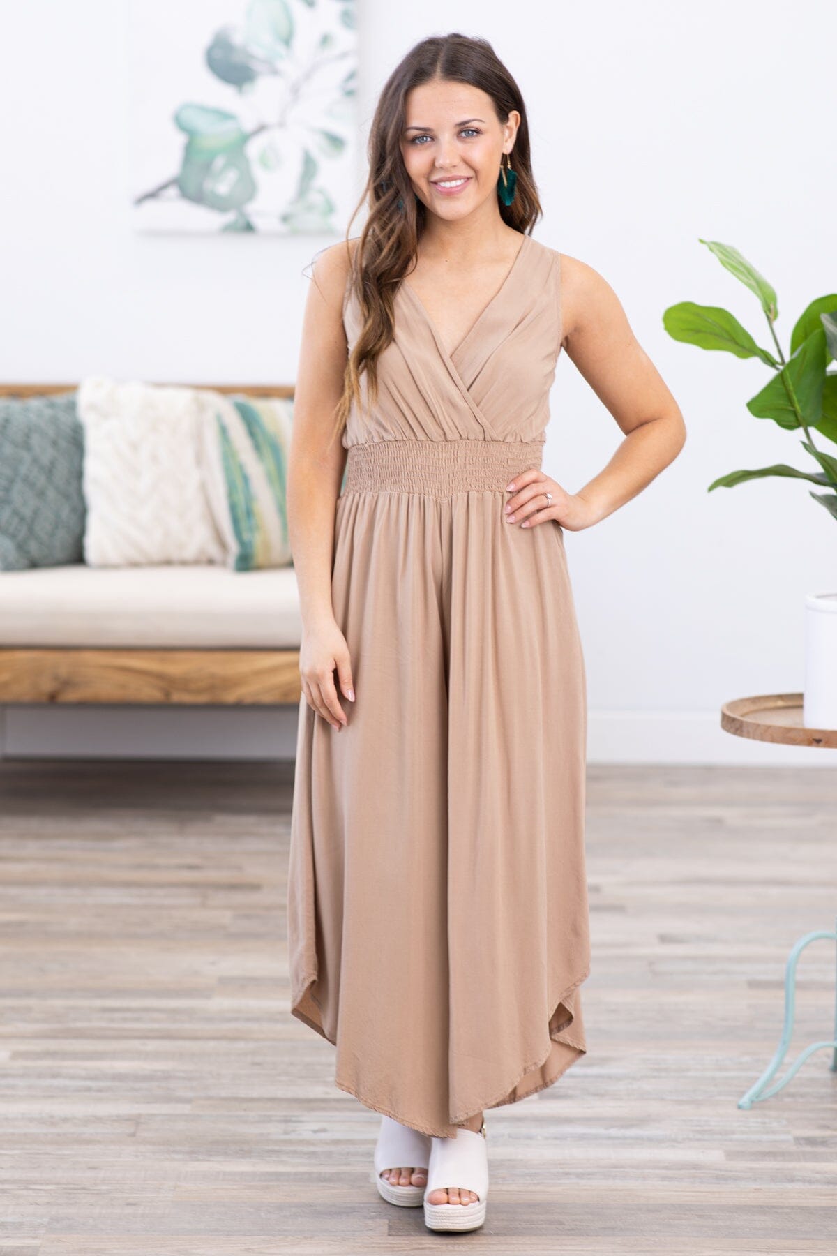 Tan Surplice Front Smocked Waist Jumpsuit - Filly Flair