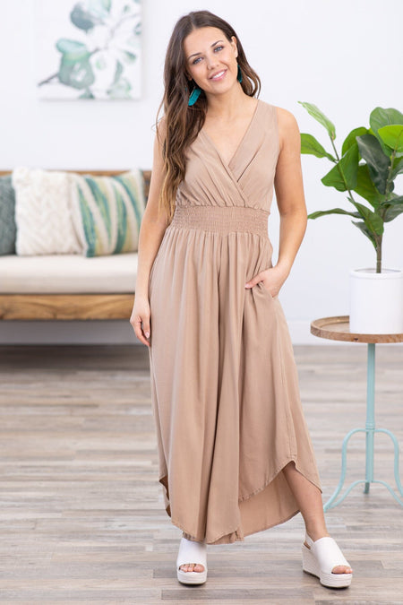 Tan Surplice Front Smocked Waist Jumpsuit - Filly Flair