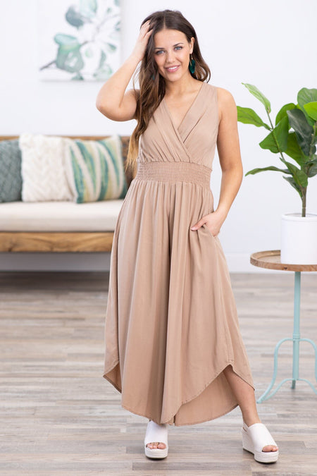 Tan Surplice Front Smocked Waist Jumpsuit - Filly Flair