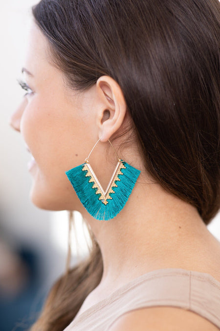 Teal Triangle Fan Tassel Earrings - Filly Flair