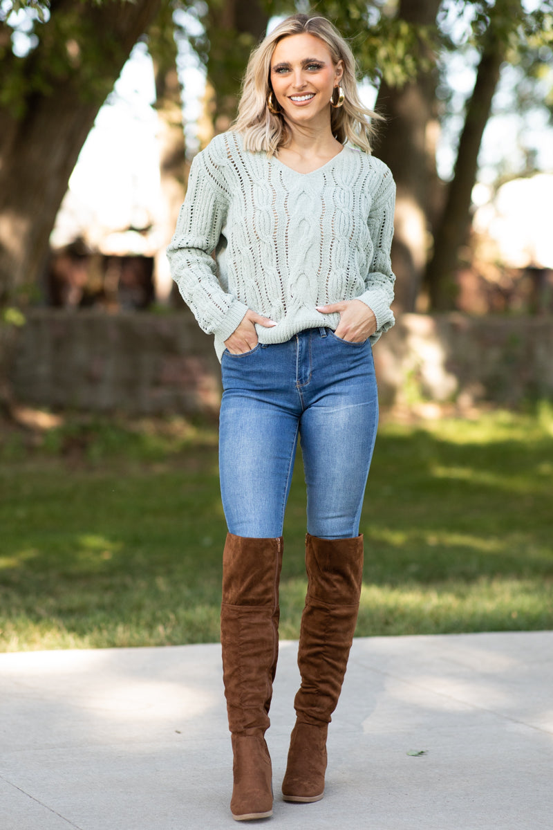 Sage Cable Knit V-Neck Sweater - Filly Flair