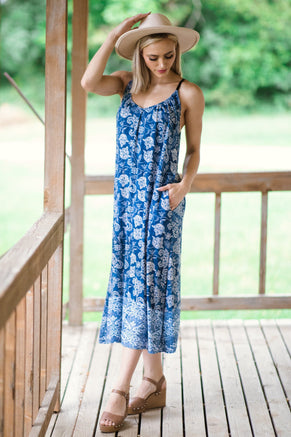 Blue Paisley Print Midi Dress - Filly Flair