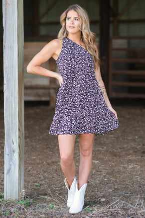 Black One Shoulder Floral Print Dress - Filly Flair