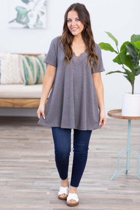 Grey Waffle Knit Top With Lace Trim - Filly Flair