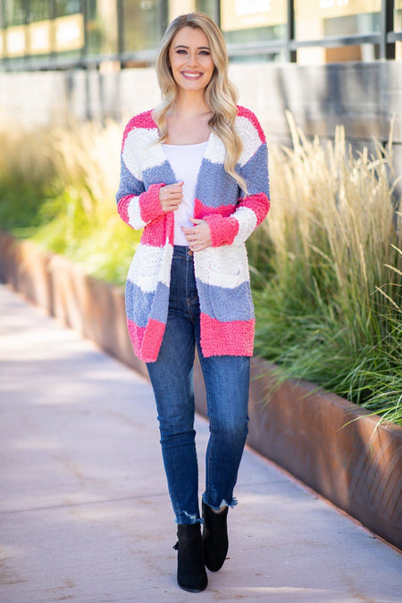 Multicolor Striped Popcorn Knit Cardigan - Filly Flair