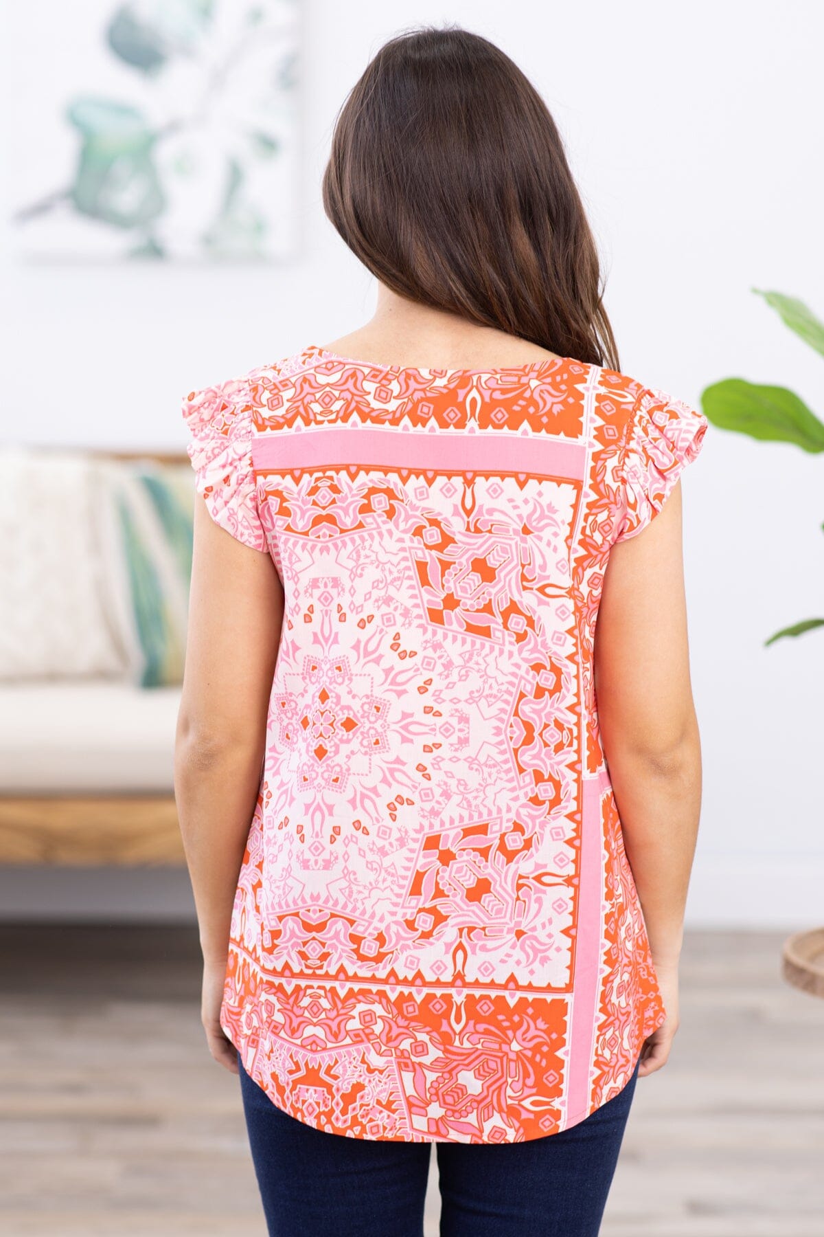 Orange Bandana Print Flutter Sleeve Tank - Filly Flair