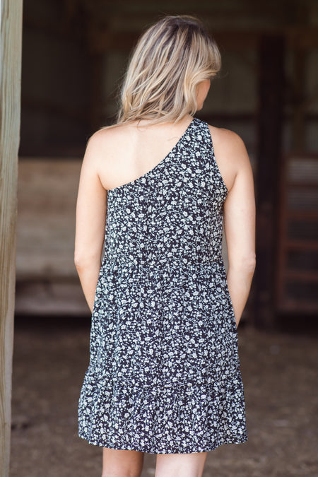 Black One Shoulder Floral Print Dress - Filly Flair