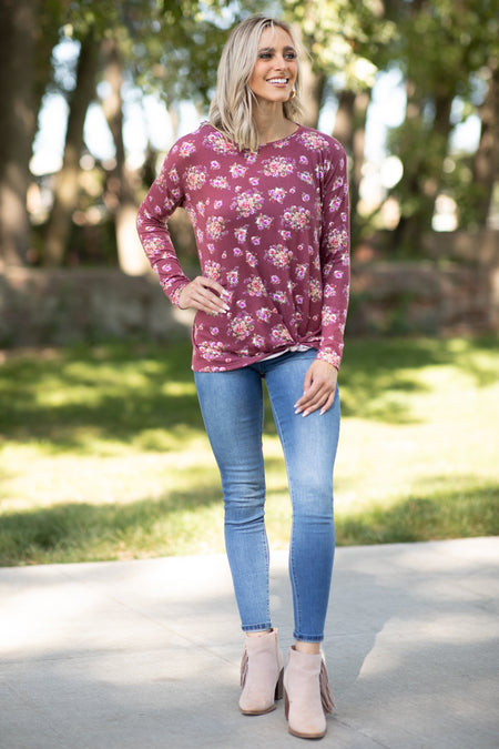 Burgundy Floral Print Knot Front Top - Filly Flair