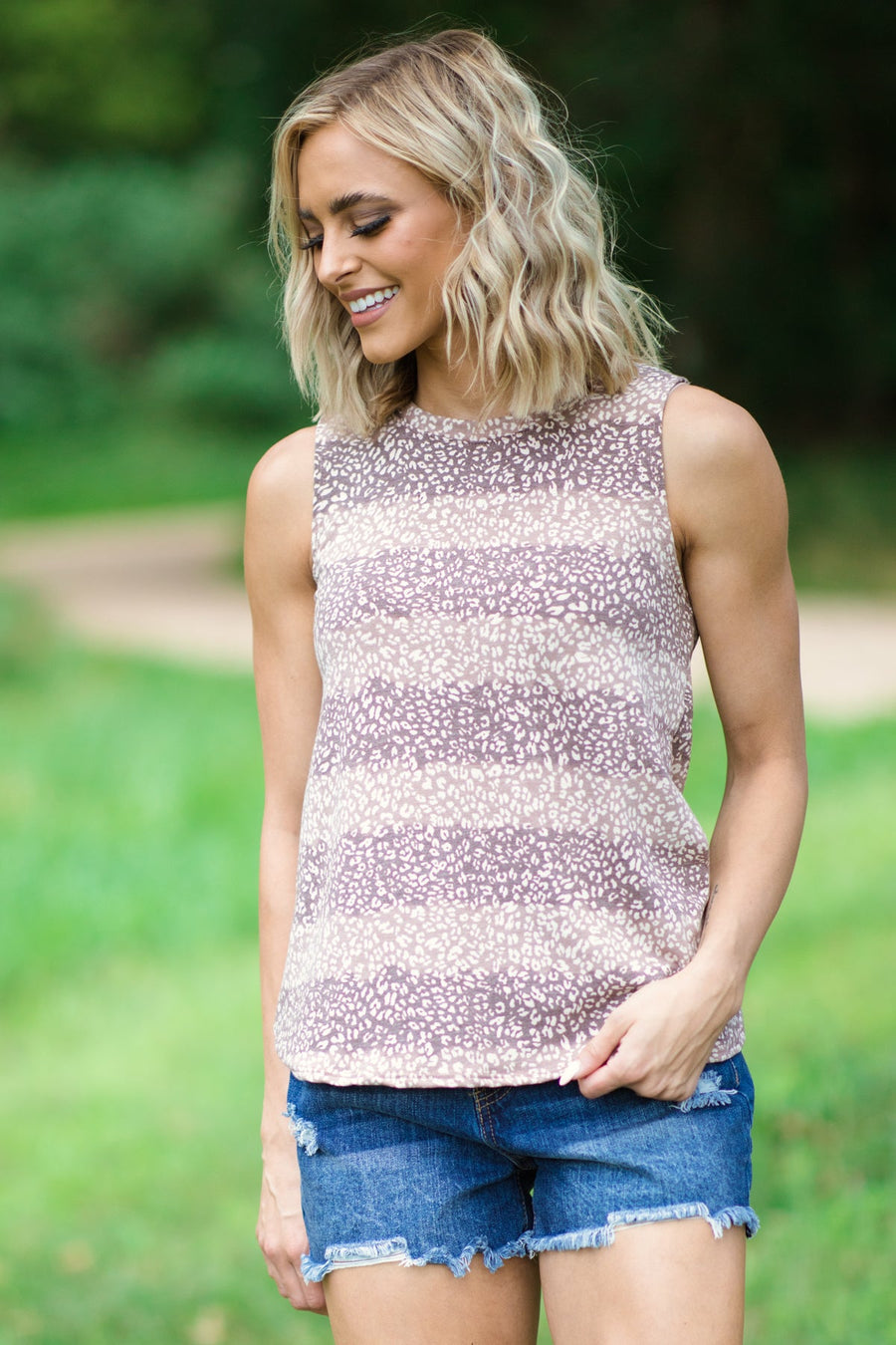 Taupe and Tan Animal Print Stripe Tank - Filly Flair