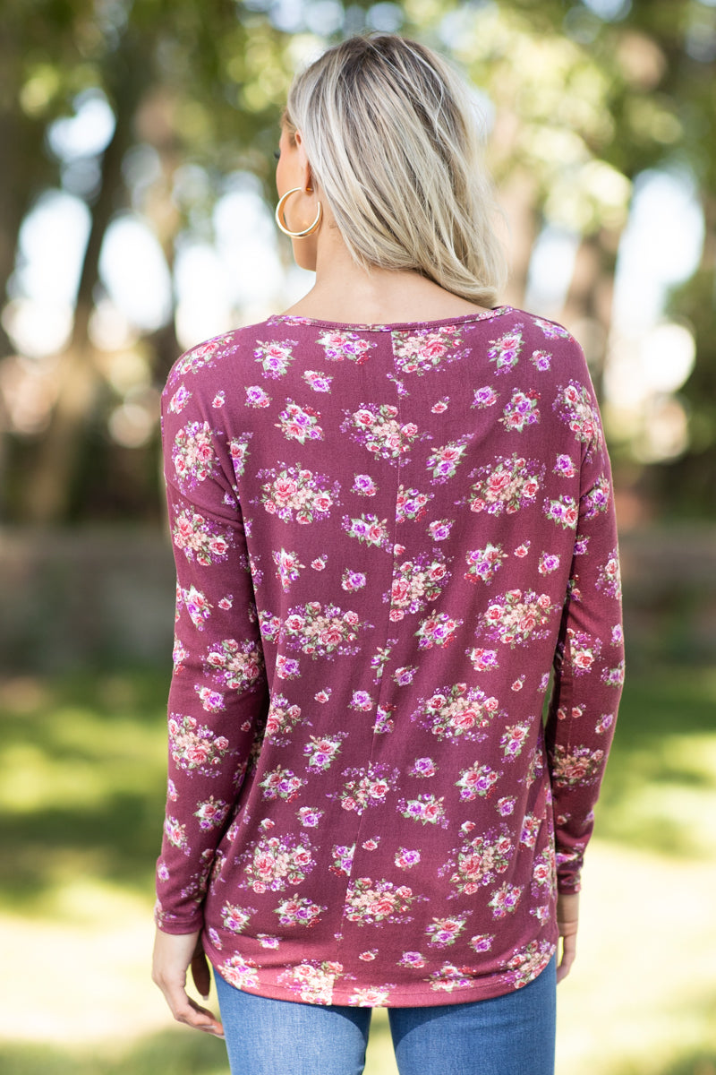 Burgundy Floral Print Knot Front Top - Filly Flair