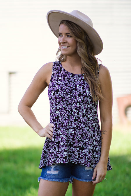 Black and White Ditsy Floral Tank - Filly Flair