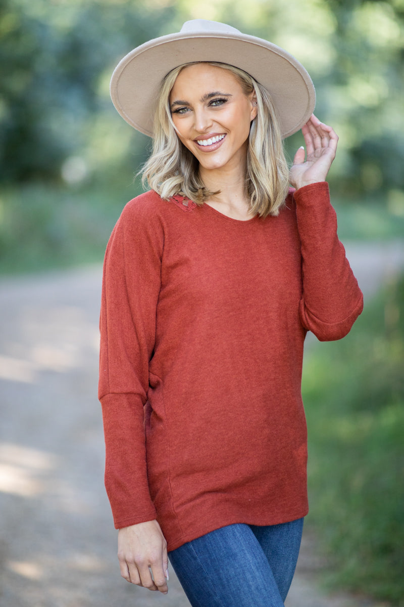 Rust Lace Back Detail Top - Filly Flair