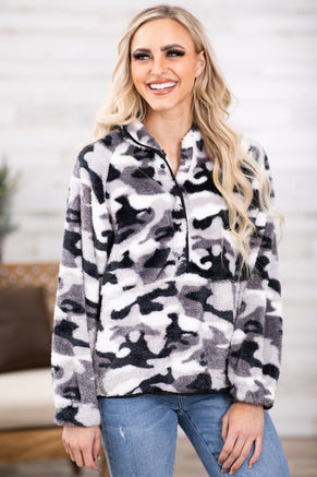 Black and Grey Camouflage Sherpa Pullover - Filly Flair