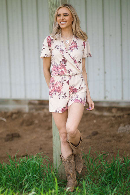 Beige Floral Print Surplice Front Knit Romper - Filly Flair