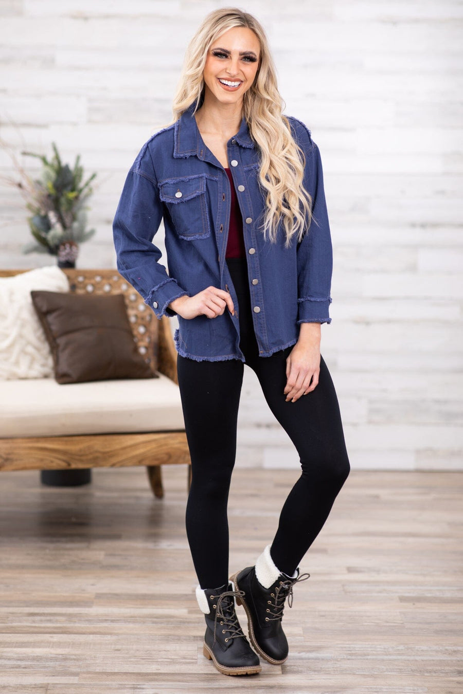 Frayed Hem Distressed Denim Jacket- Light Wash – Shop The Lady Luck