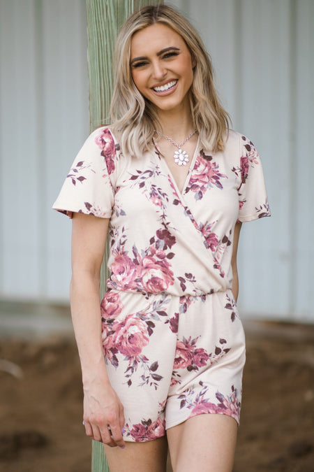 Beige Floral Print Surplice Front Knit Romper - Filly Flair