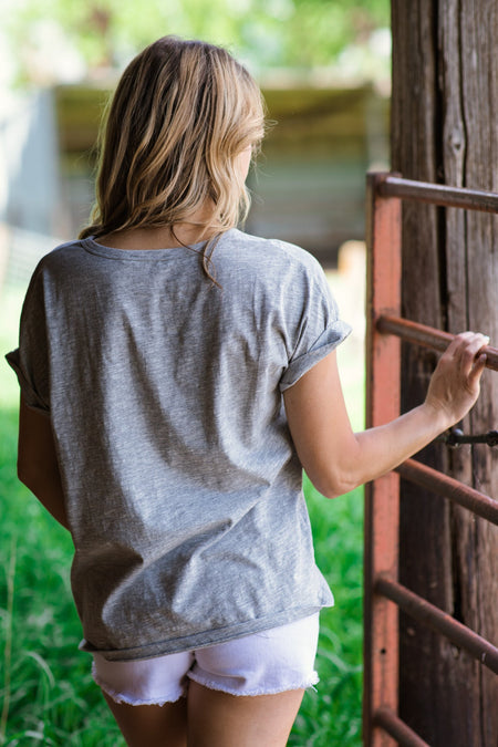 Light Grey Cuff Sleeve Top With Cutout Detail - Filly Flair