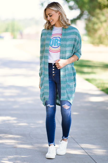 Teal Heathered Stripe Cardigan - Filly Flair