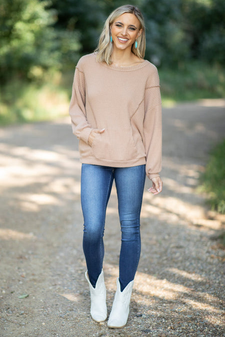 Mocha Waffle Knit Top With Kangaroo Pocket - Filly Flair