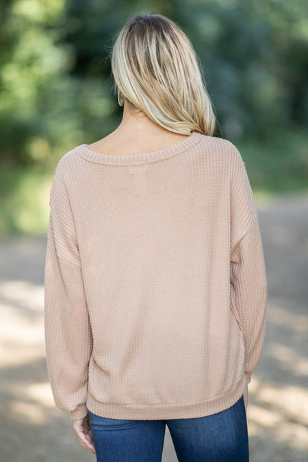 Mocha Waffle Knit Top With Kangaroo Pocket - Filly Flair