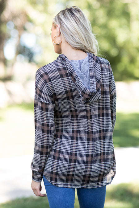 Taupe and Tan Plaid Hooded Top - Filly Flair