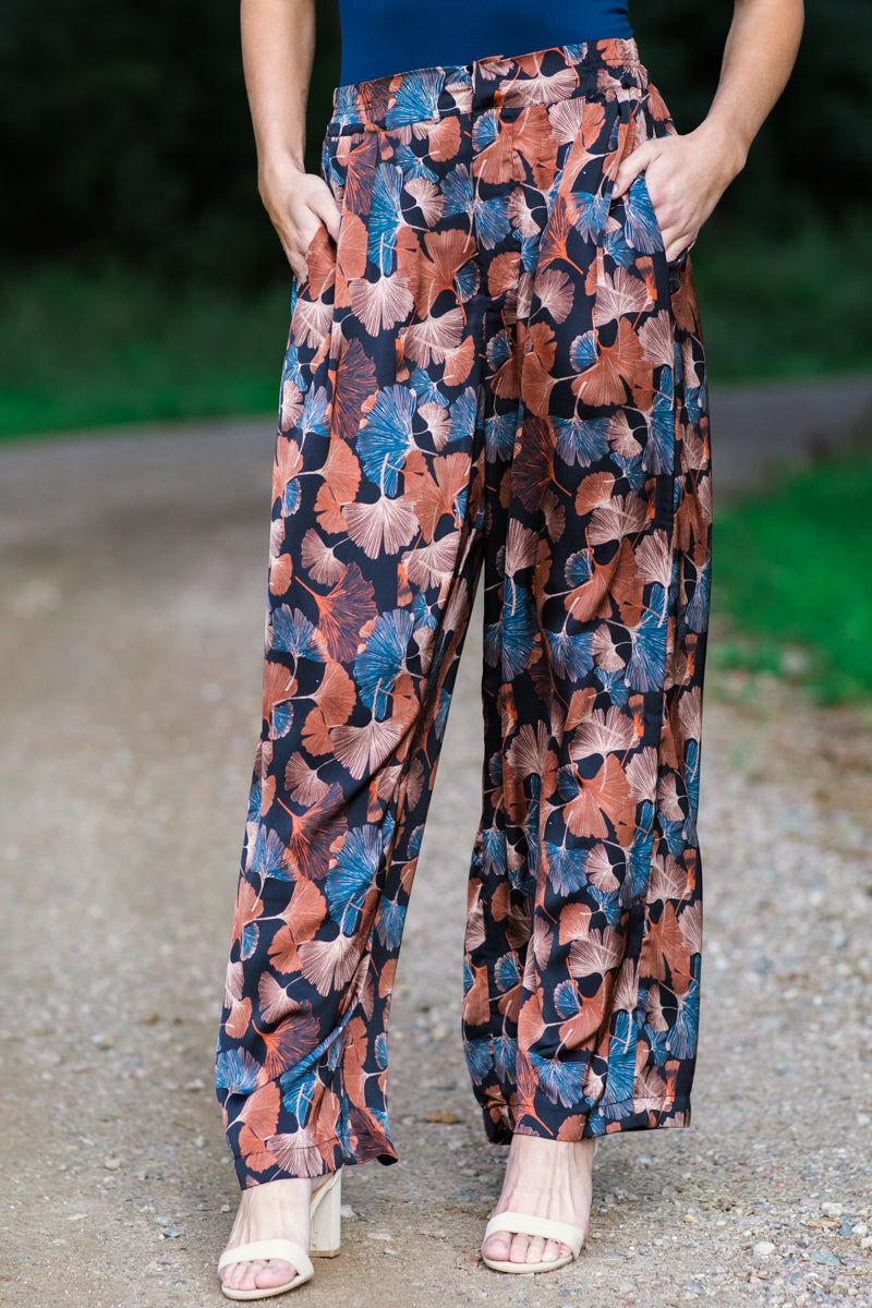 Slate Blue and Rust Floral Print Pants - Filly Flair