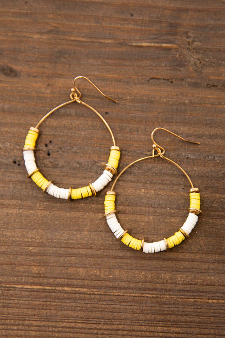 Yellow and White Disc Bead Hoop Earrings - Filly Flair