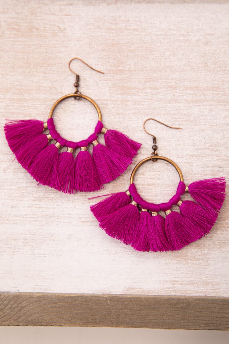 Fuchsia and Bronze Fan Tassel Earrings - Filly Flair