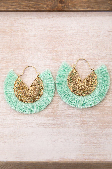 Mint and Gold Round Fan Tassel Earrings - Filly Flair