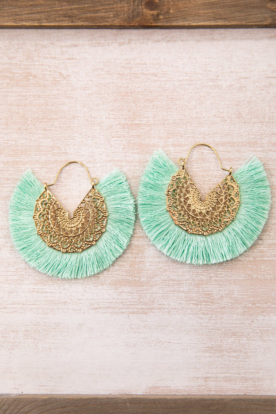 Mint and Gold Round Fan Tassel Earrings - Filly Flair