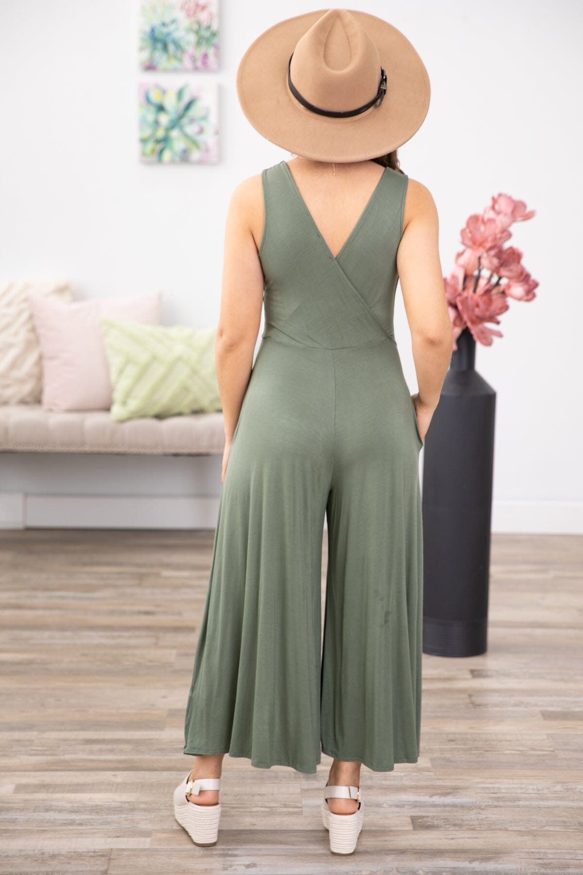 Olive Surplice Front Wide Leg Jumpsuit - Filly Flair