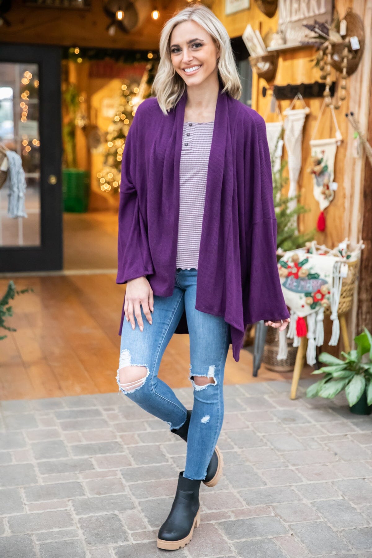 Purple clearance cardigan outfit