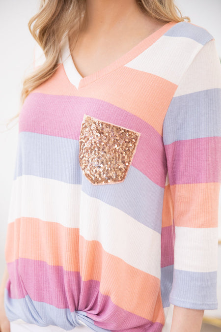 Coral Multicolor Stripe Top with Sequin Pocket - Filly Flair