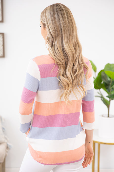 Coral Multicolor Stripe Top with Sequin Pocket - Filly Flair